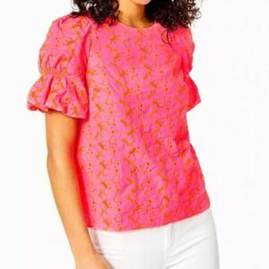 Lilly Pullitzer Puff Sleeve Eyelet Embroidered Lailah Pink & Orange Top, Size S
